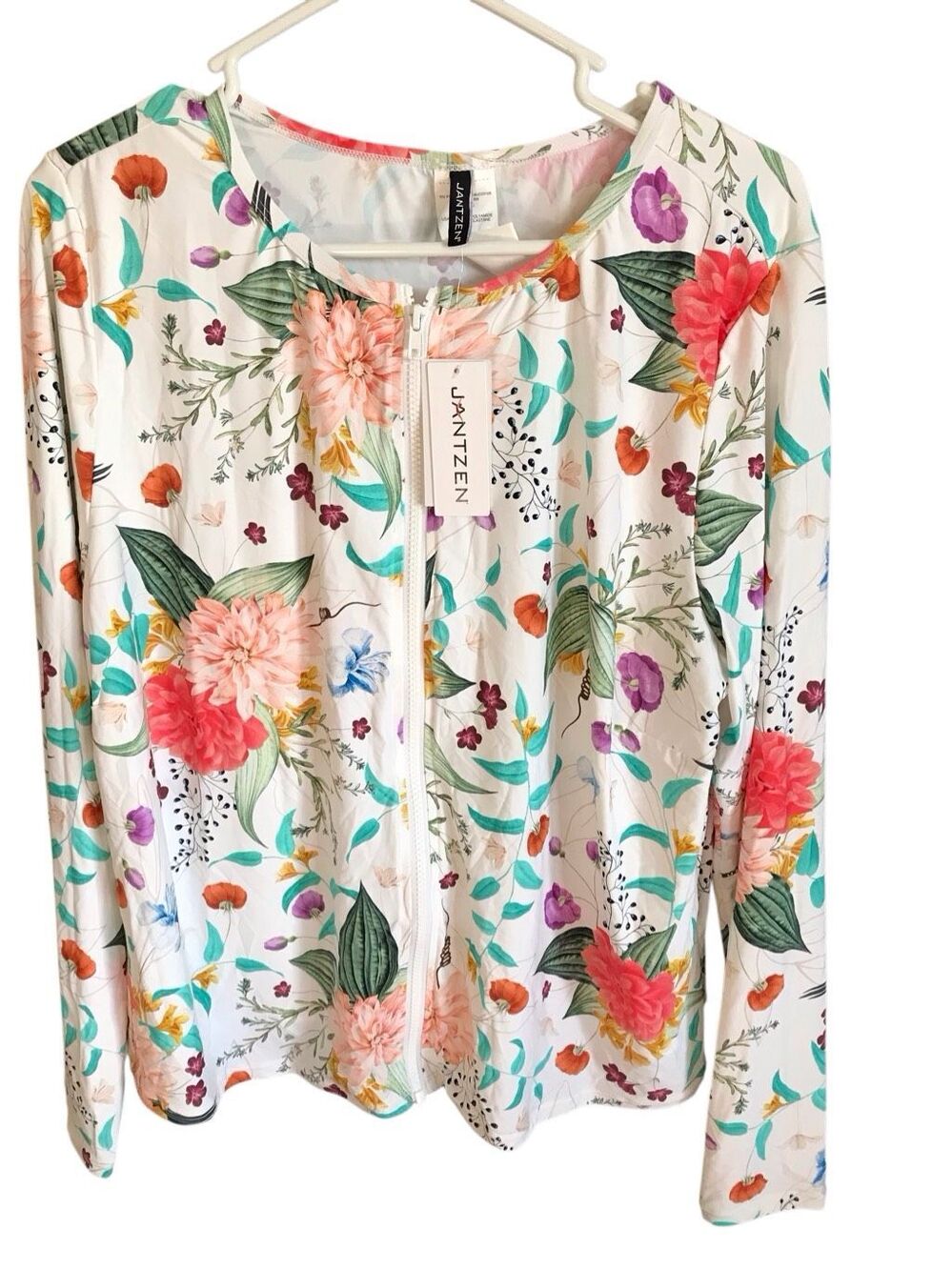 Jantzen Size 18 Rash guard swim Top white floral Print zip front New with Tags